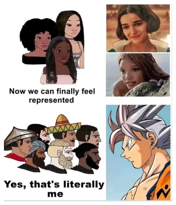Two-panel meme: three illustrated women captioned "Now we can finally feel represented" beside live-action Snow White and Ariel; below, men of many ethnicities captioned "Yes, that's literally me" all facing Goku in Ultra Instinct form
